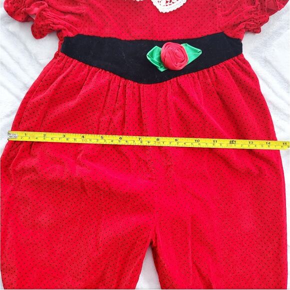 VTG 80s Red and Polkadot Velour Smocked Romper 6-9 Months - Picture 3 of 12